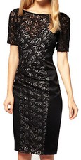 Ladies Karen Millen Lace Satin Pencil Black Cocktail evening Dress UK Size 8