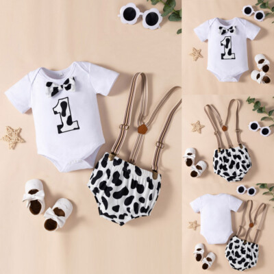 Newborn Baby Boys Girls Clothes 1st Birthday Romper Strap Shorts Outfits Set