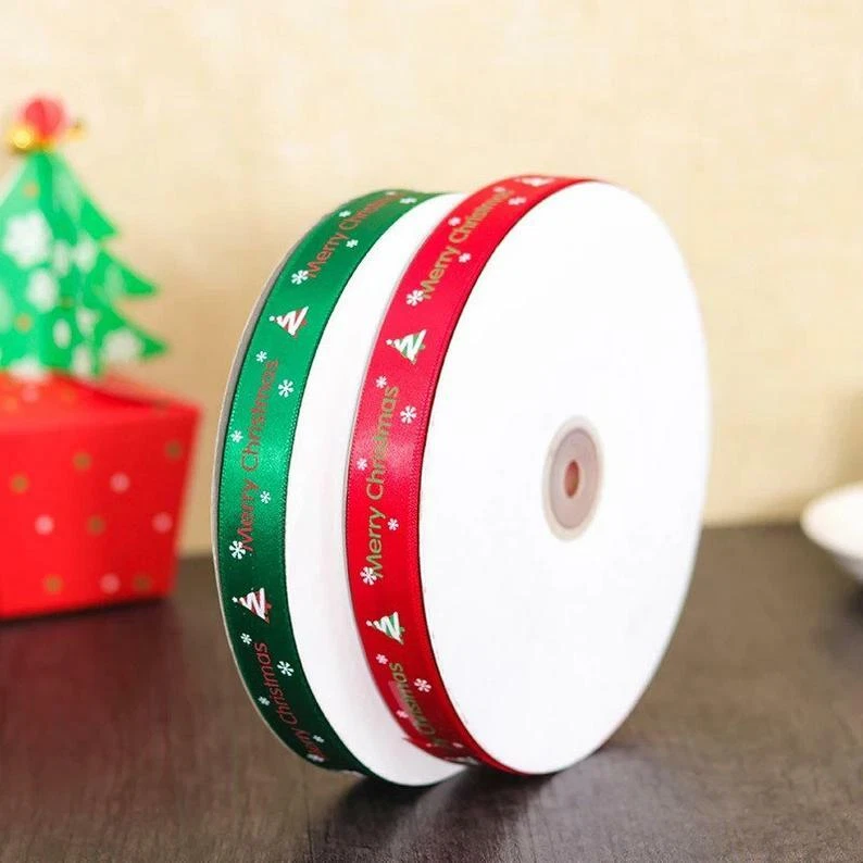 100yd/90m 20mm Green Red Merry Christmas Gift Wrapping Satin Polyester Ribbons - Изображение 2 из 4