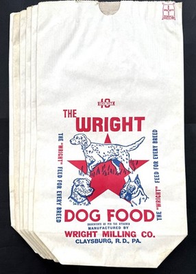 6 vintage unused dog food bags. WRIGHT MILLING CO, Claysburg, (Queen) PA 1960's