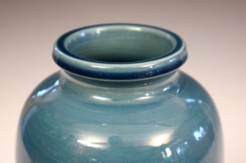 Ancien vase forme balustre monochrome bleu poterie Awaji arts et métiers 9" - Photo 7/11