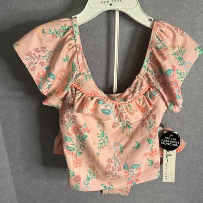 NWT Nicole Miller Girls 2 Piece Swimsuit - Pink Floral W/ Poms - Size 6 UPF +50