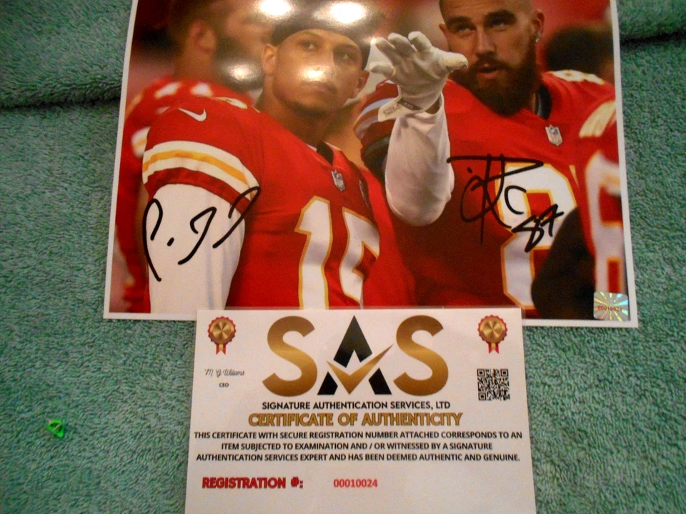 sprts Патрик Махомс Трэвис Келс двойной автограф 8 x 10 фото/COA красивый - Изображение 2 из 4