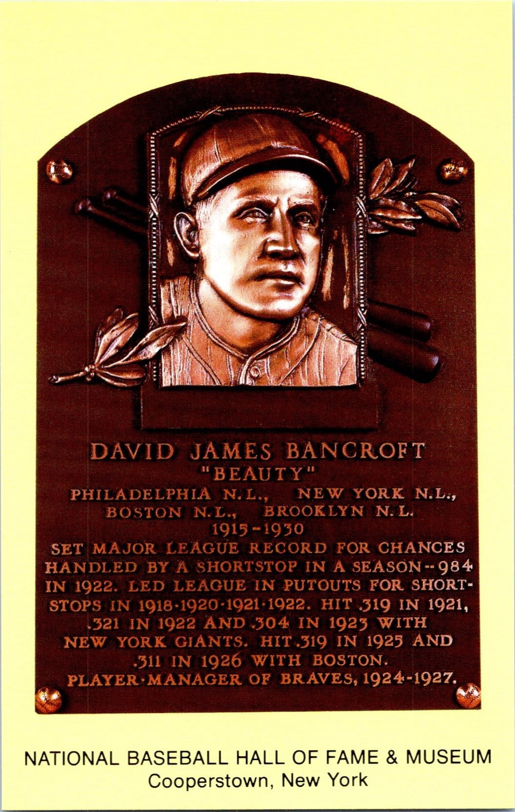 Dave Bancroft Gold Baseball Hall of Fame Plaque Postcard