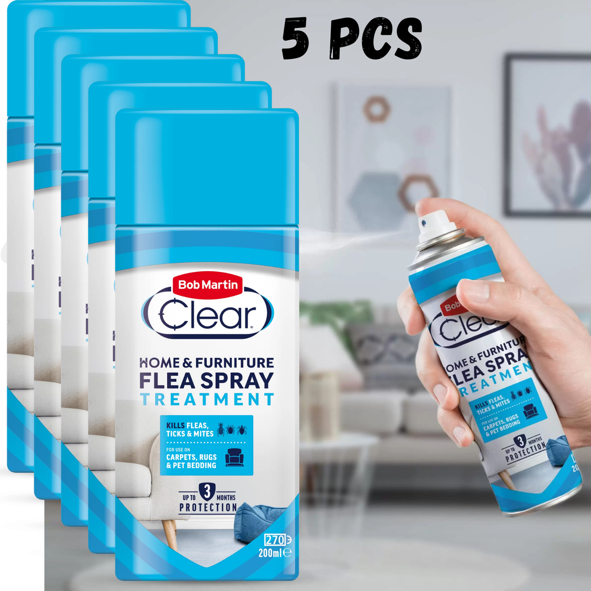x Bob Martin Clear Home Flea Spray 200ml Kills Fleas, Ticks