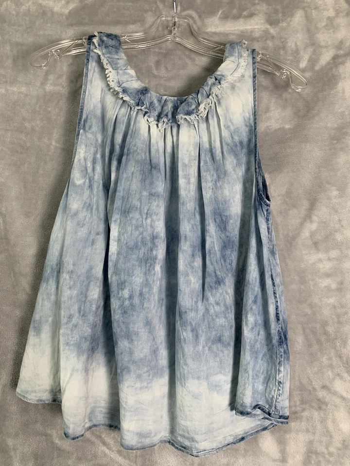 Top AG Adriano Chambray Mujer Pequeño Azul Algodón Suave Claro Acampanado Volantes Festival Foto 4 de 4