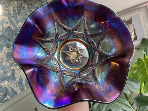 CARNIVAL GLASS ~ STUNNING DUGAN SKI STAR AMETHYST/ PURPLE 11” ~ RARE ~