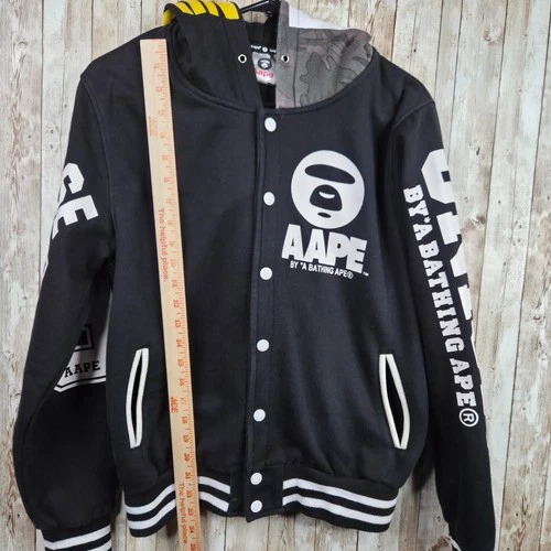 Aape by Bathing Ape Button Snap Hooded Hooded Varsity Jacket Black Youth Size XL image 9