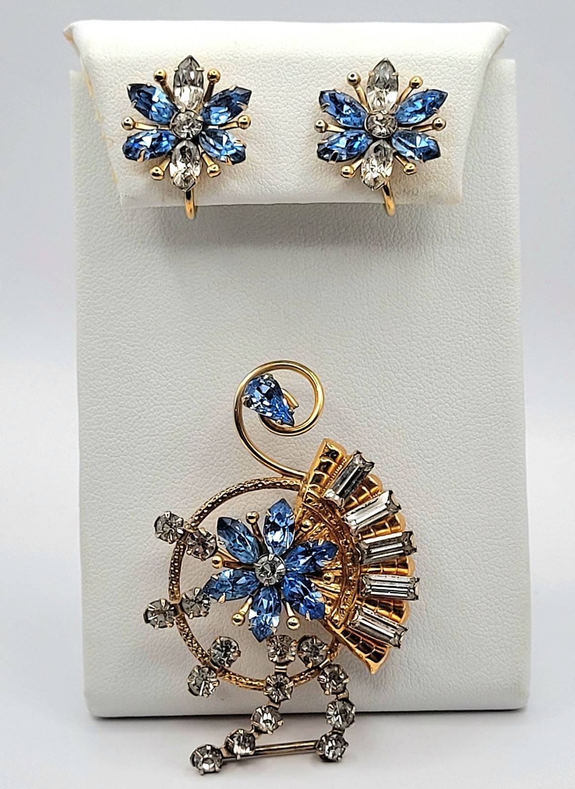 Vintage Blue Rhinestone Brooch Earrings Set Floral 12K Gold Filled Signed Amco