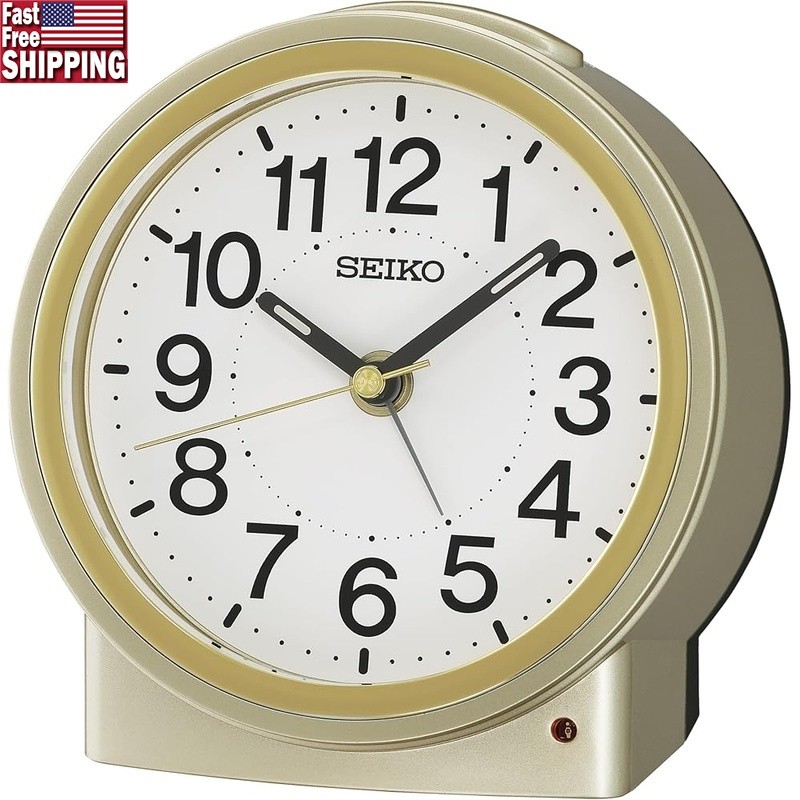 Silent Alarm Clock W/ Snooze Quiet Sweep Analog Timepiece Bedroom New