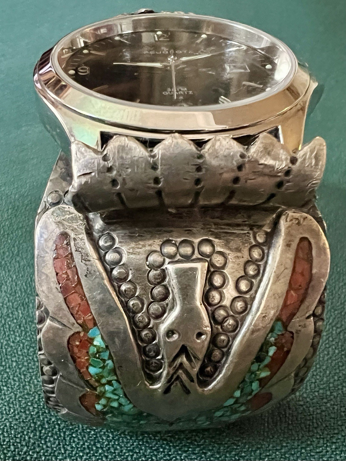 VTG NAVAJO BRACELET WATCH HOLDER INLAY TURQUOISE CORAL PEYOTE BIRDS SIGNED C.J.