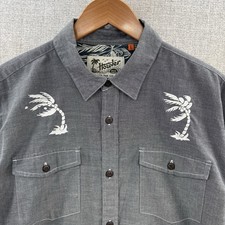Howler Brothers Shirt Large Gray Embroidered Hawaiian Palm Trees Long Sleeve