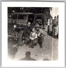 Vtg B W Snapshot WWII Soldiers With Young Girl By Military Jeep Truck 1940s