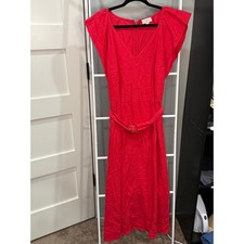 LOFT Red Linen Blend Belted V-Neck Flutter Sleeve Midi Dress Size 12 Cottagecore
