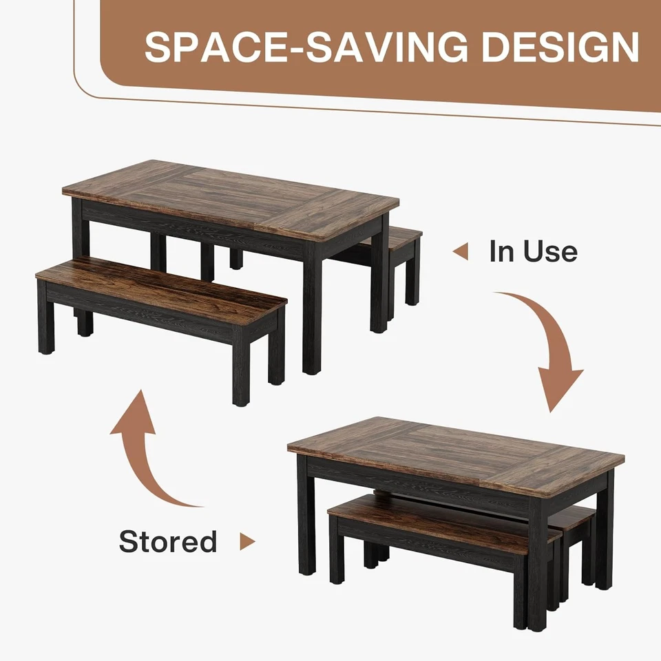 Juego de mesa de comedor de granja para mesa de cocina de 4-6, 55 pulgadas con 2 bancos, negro Foto 4 de 4