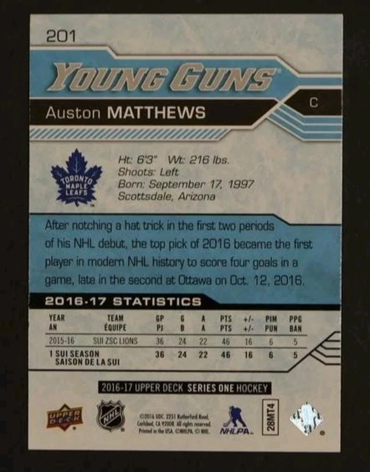 2016 Upper Deck Series 1 Young Guns Auston Matthews #201 RC - Imagem 2 de 2