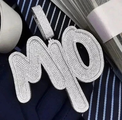 Custom Three Letter Pendant 14K White Gold Plated 5Ct Round Cut Real Moissanite