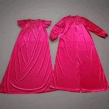 Kayser Silky Long Nightgown Robe Set Women's Medium Hot Pink Nylon Peignoir VTG