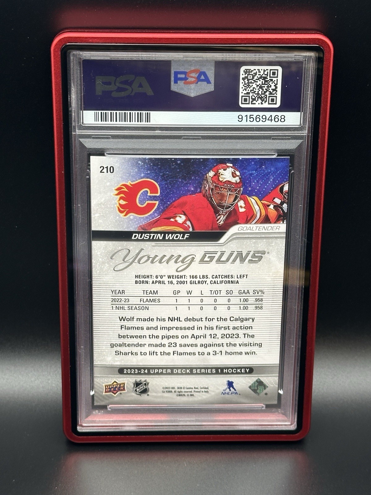 2023 Upper Deck - Young Guns Dustin Wolf #210 Speckled Rainbow Foil PSA 10 view 2