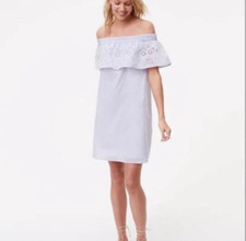 LOFT Women's Striped Off the Shoulder Eyelet Shirt Dress Blue White Lined Sz M
