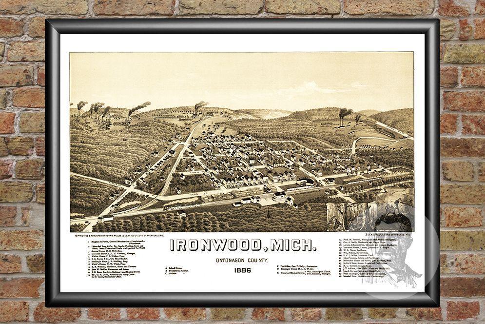 Old Map of Ironwood, MI from 1886 - Vintage Michigan Art, Historic ...
