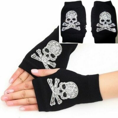 Skull Bling Gloves Fingerless Rhinestone Text Smartphone Black Crystal Open Top