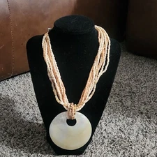 Multi Strand Beaded Necklace Large Shell Pendant 