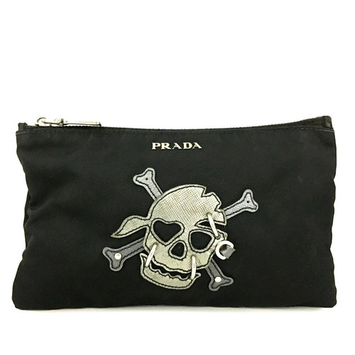 PRADA Logo Skull Motif Nylon Cosmetic Pouch Bag Black/2BD1558