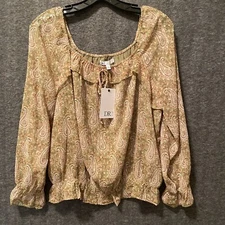 NEW DR2 Daniel Rainn Blouse Womens M Green Paisley Ruffle Off Shoulder Boho Top