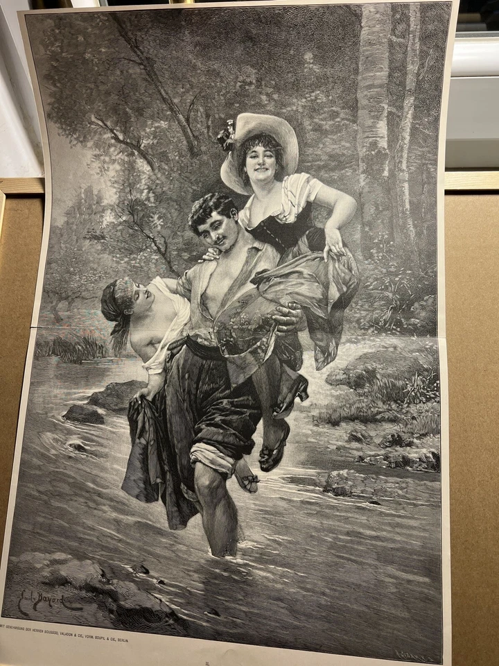 Antik Illustration 1893 FRAU FLIRTEN MANN GEMÄLDE KUNST Kunstdruck Holzschnitt - Bild 1 von 4