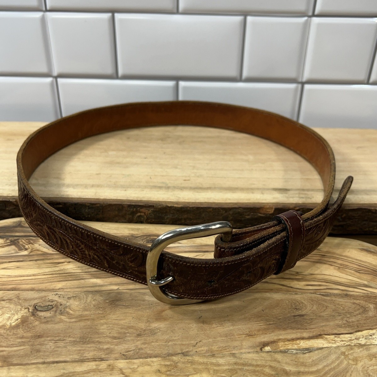 1970's John Egenes Maker Brown Leather Tooled Belt w/ Silver 1970's John Egenes Maker Brown Leather Tooled Belt w/ Silver