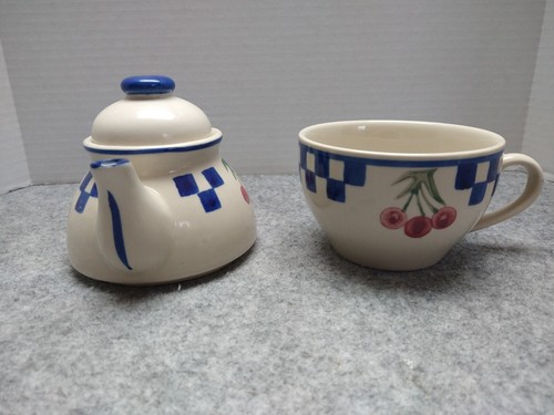 Tea Pot and Mug Stackable Set White Blue Cherry Capasity 16oz Each - Picture 7 of 10