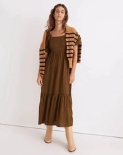 Madewell Tiered Midi Dress Quilted Hemp Blend Olive Green NH112 Women's Size 16