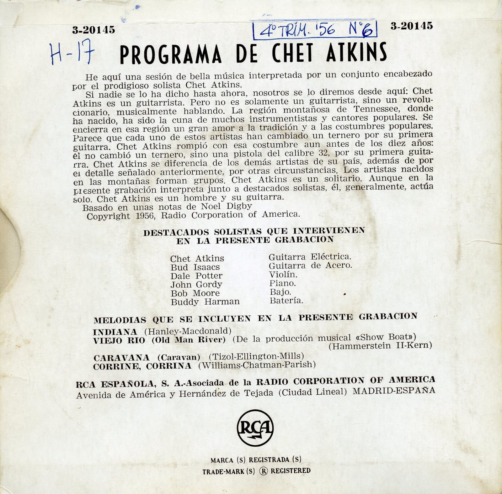 CHET ATKINS / Indiana, Caravana, Viejo Rio / RCA 3-20145 Press Spain ...