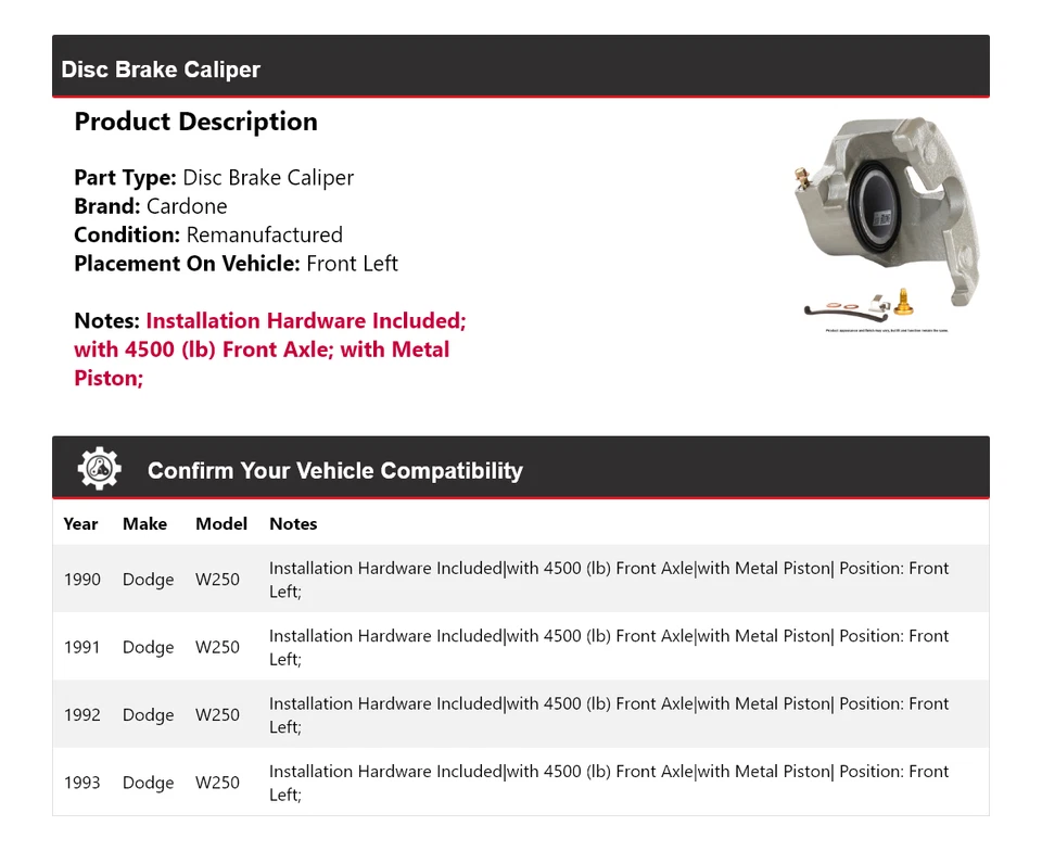 Pinza de freno de disco delantera izquierda cardone 1991 1992 para Dodge W250 1990-1993 Foto 2 de 4