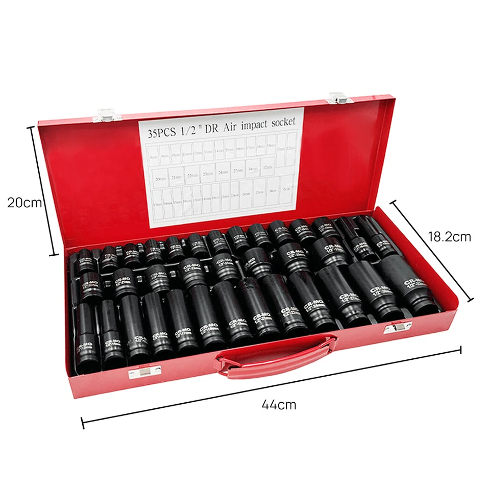 35pcs Drive Deep Impact Sockets Tools Kit 8-32MM Metric 1/2" Garage Workshop Set - Image 2 of 4