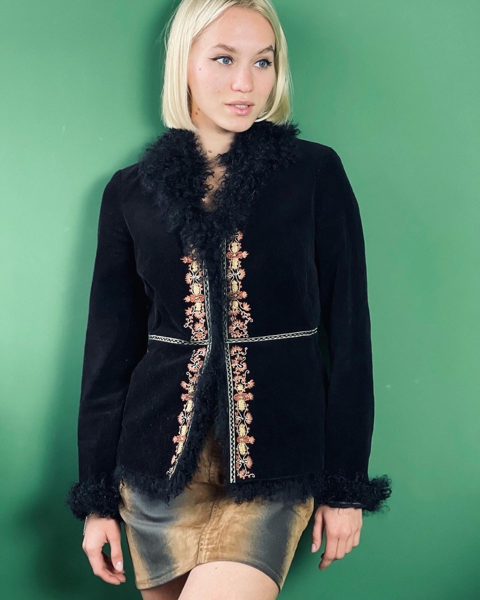 Vintage 90s Vivienne Tam Black Corduroy Jacket Llama Fur And