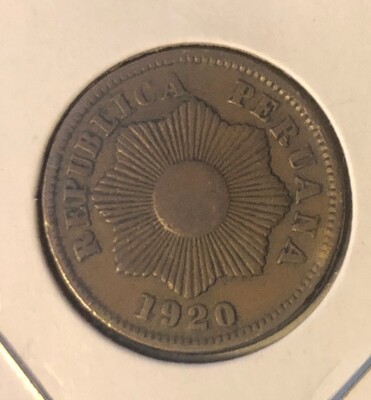 1920-R Peru Un 1 Centavo Radiant Sun Bronze Coin-KM#211-MINTAGE=360,000