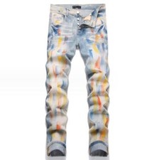 Men's Light Blue Denim Jeans Colorful Printed Straight Leg Casual Pants Trousers