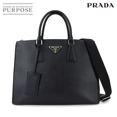 Prada Saffiano Leather Handbag Shoulder Bag 2Way Black Nametag Logo 2VG061