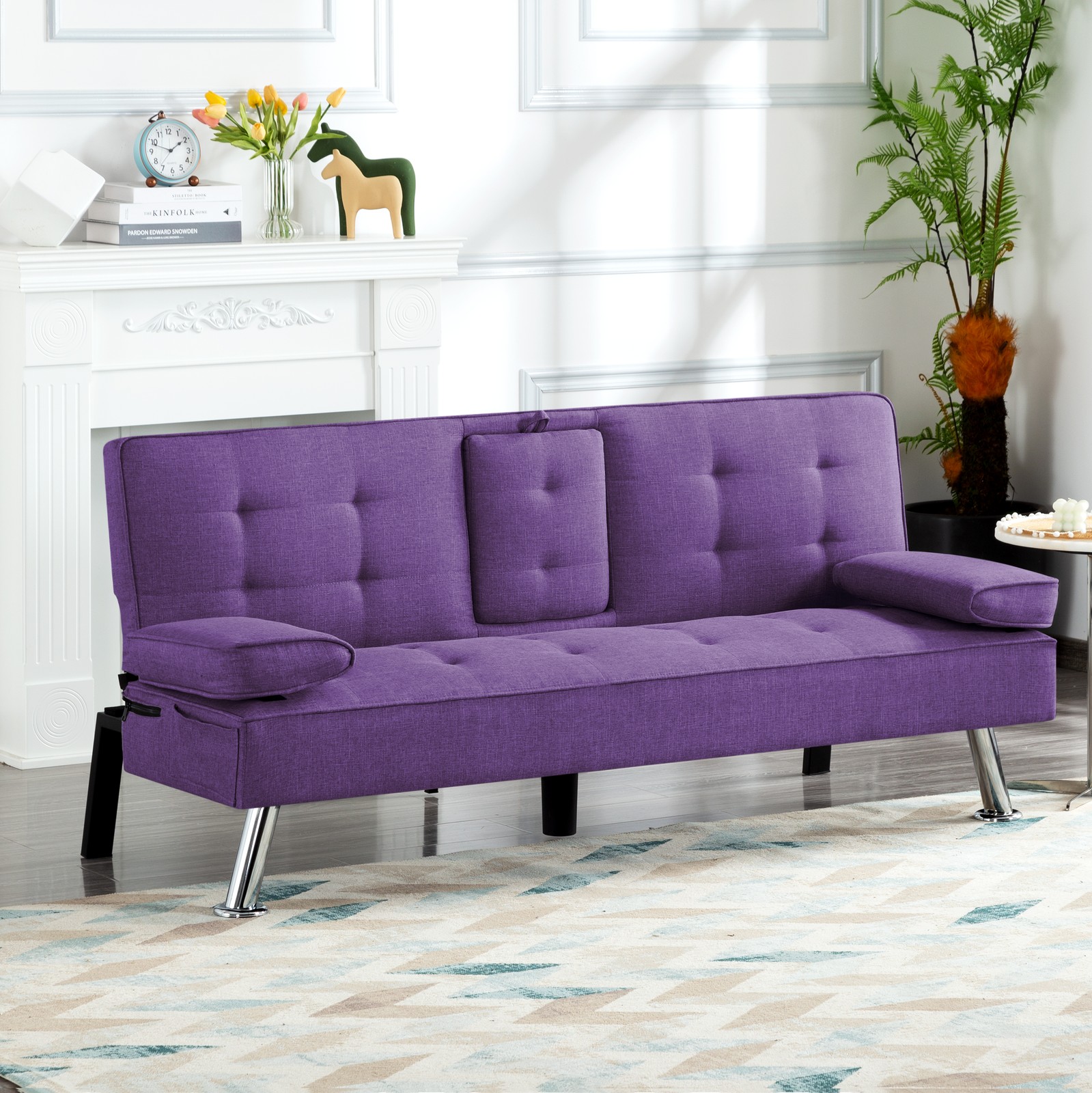 65.3" Modern Futon Sleeper Sofa Bed w/ Cup Holder Adjustable Back Storage Pocket