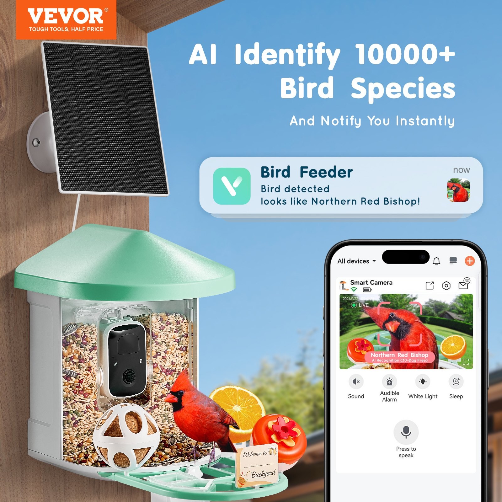 VEVOR|Smart Bird Feeder w/Camera,2K HD AI Identify 10,000+ Bird Species,Solar-Po