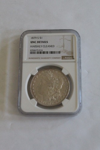 1879 S MORGAN SILVER DOLLAR, UNC DETAILS, HARSHLY CLEANED