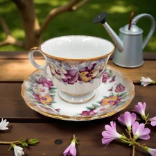 Vintage Pansy Teacup & Saucer Gold Trim Scalloped Bone China Floral 1950s