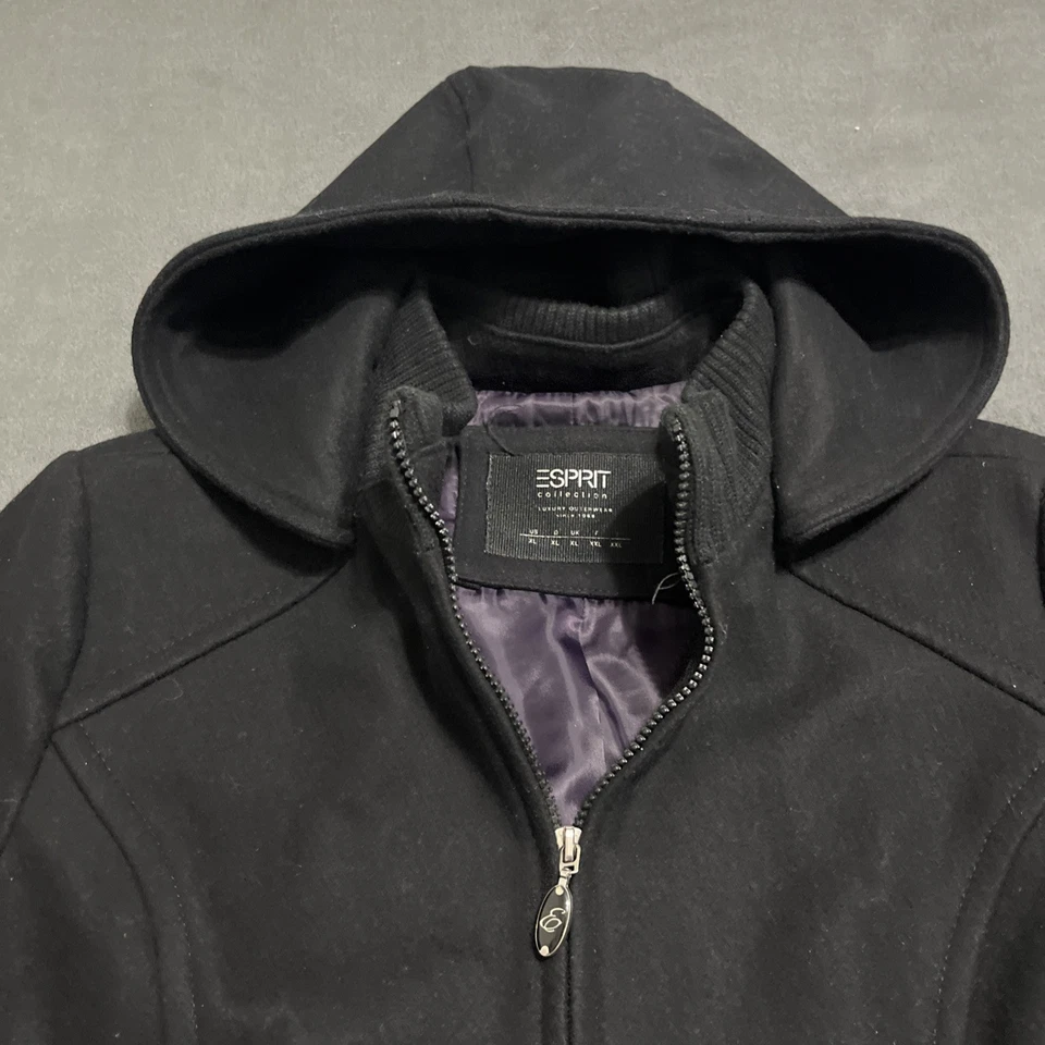 Abrigo de invierno de lujo para mujer Esprit de longitud media mezcla de lana con capucha negro XL Foto 4 de 4