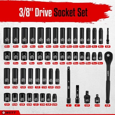 50 Pcs 3/8'' Drive Impact Socket Set Sae/Metric Deep/Shallow Sockets