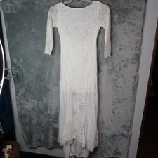 Floral Lace Bridal Wedding Dress Womens Large White 3/4 Sleeve Maxi V Back Gown
