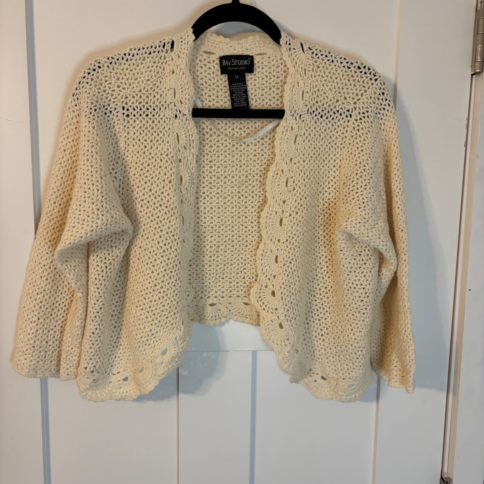 Ivory Crochet Knit Bolero Shrug Scalloped Cropped Cardigan 2X boho artsy cottage