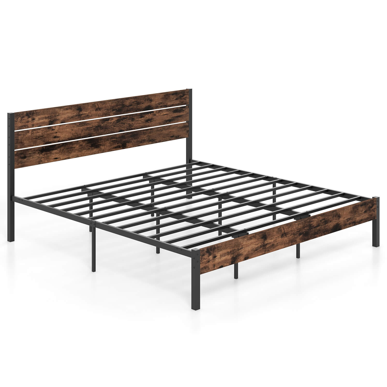 Industrial King Bed Frame with Sturdy Metal Slats & Tall Headboard-image