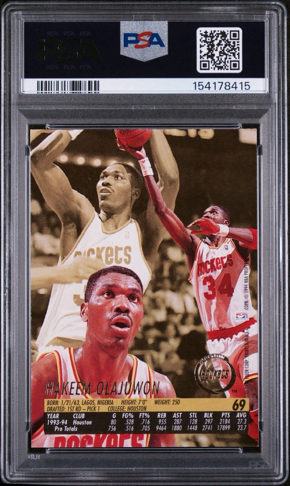 1994 Ultra #69 Hakeem Olajuwon PSA 10 GEM; Houston Rockets NBA view 2